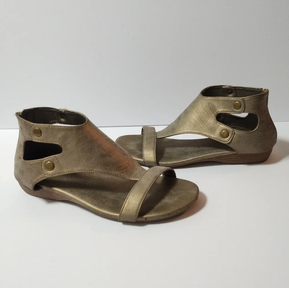 Corkys Amelia Gladiator Brushed Gold Bronze Open Toe Sandals Zip Back Size 9
